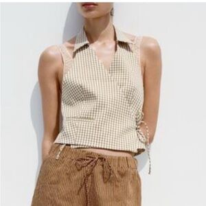 Zara Beige Checkered gingham Halter wrap Top
